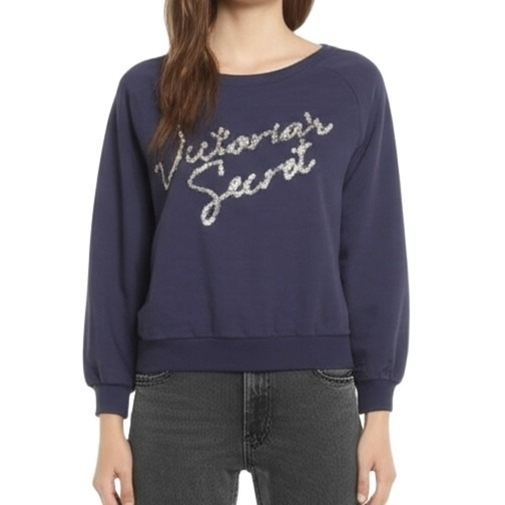 Victoria's Secret Small Navy‎ Blue Sequin Logo Pullover Sweatshirt Cozy Casual